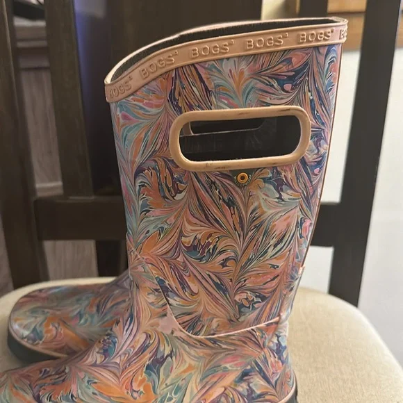 Bogs Kids Girls Pull On Handle Rain Boots Marble Peach Orange Size 3